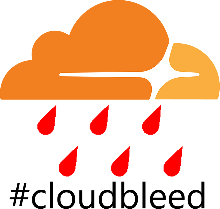 Logo représentant un nuage aux couleurs de cloudflare, mais les gouttes de pluie sont remplacées par des gouttes de sang (référence à heartbleed, le cœur qui saigne). En dessous se trouve le texte #cloudbleed.