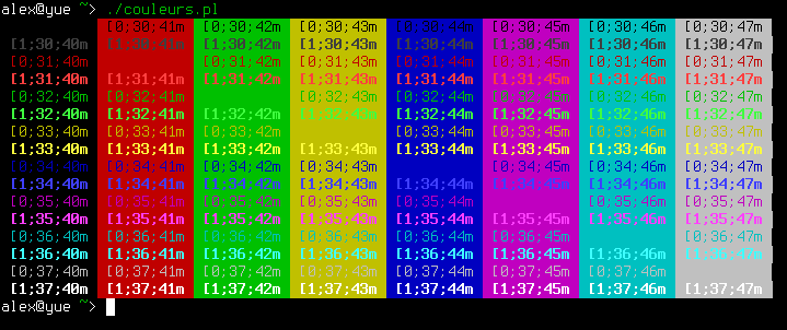 Grille montrant les couleurs qui peuvent être affichées dans un terminal.