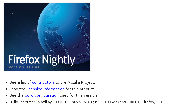 informations de version indiquant une version alpha 31 de Mozilla Firefox