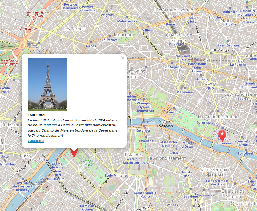 Carte de la ville de Paris, dans OpenStreetMap, avec un point rouge au niveau de la tour Eiffel et une description et photo de ce monument